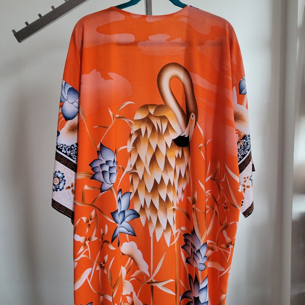 EDOLYNSA Boho Orange Flamingo Floral Maxi Kimono (Size: One Size)